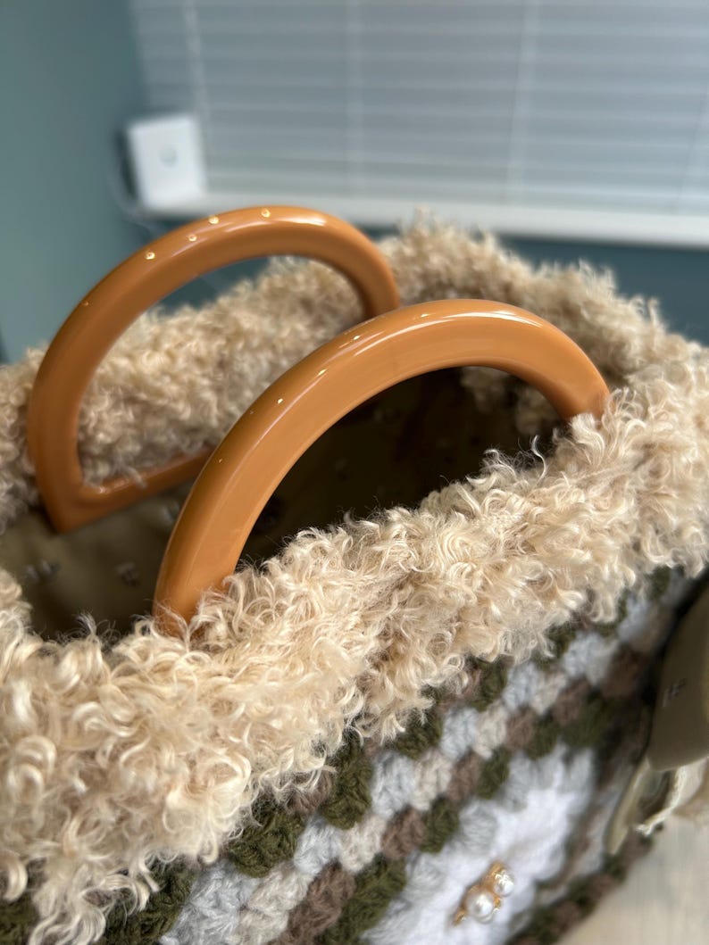 Earthy crochet granny square tote styled view