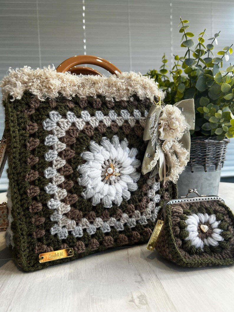 Vintage boho crochet handbag with pearl accents