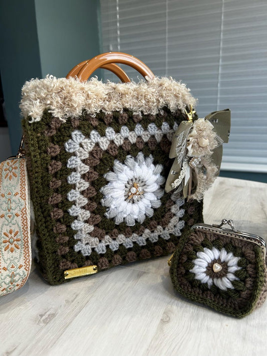 Olive and cream crochet boho tote detail
