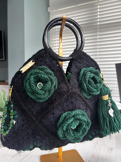 Emerald rose crochet handbag with handle