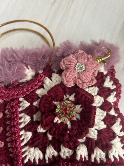 Floral patchwork crochet bag with shoulder strap
