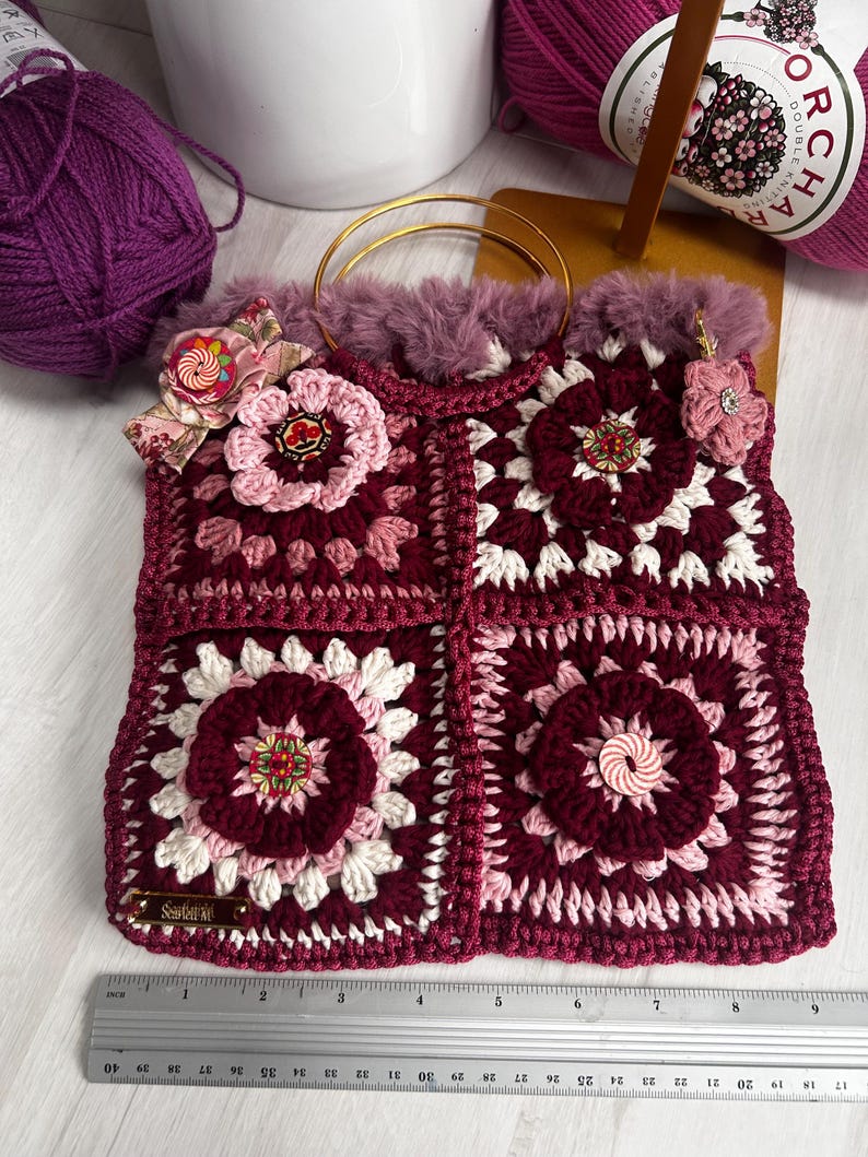 Decorative buttons on the crochet squares
