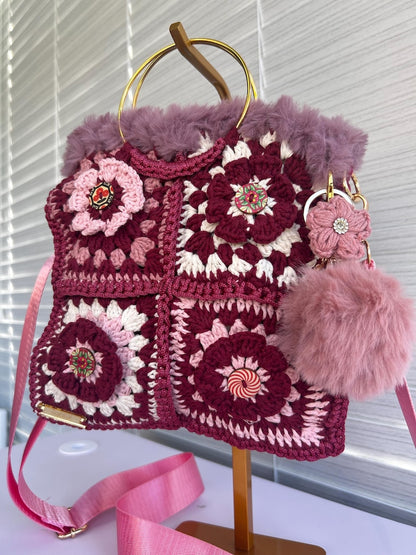 Burgundy and blush floral patchwork crochet bag with faux fur trim