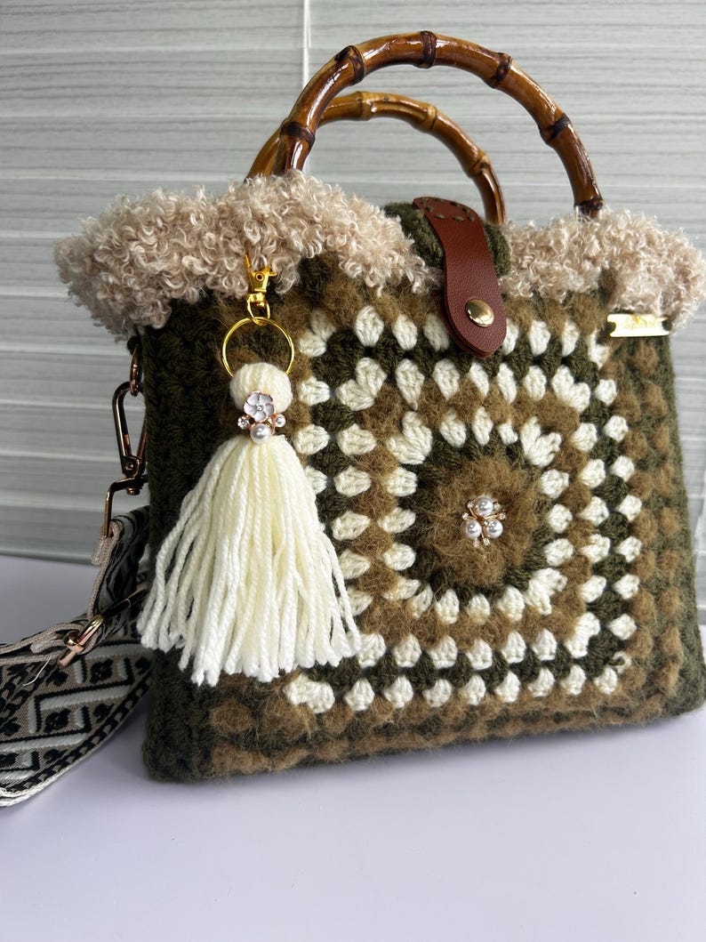 Rustic olive crochet bag side view