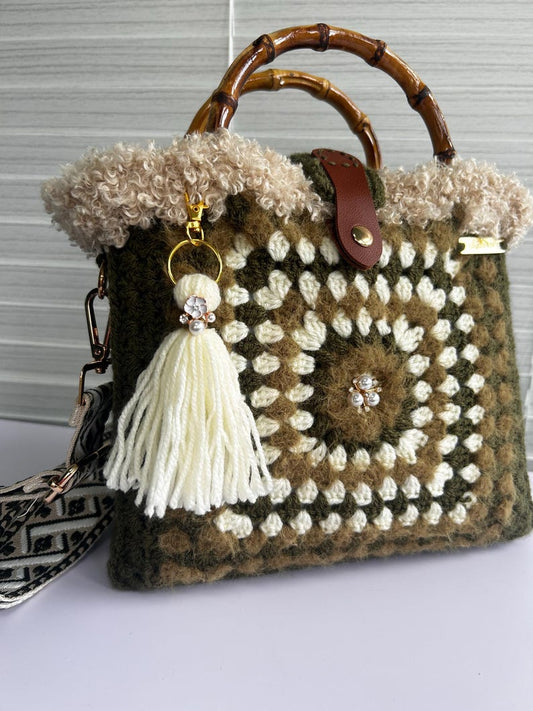 Rustic olive crochet bag side view