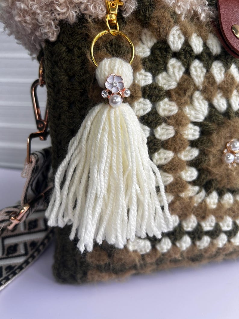 Olive crochet handbag with granny square texture