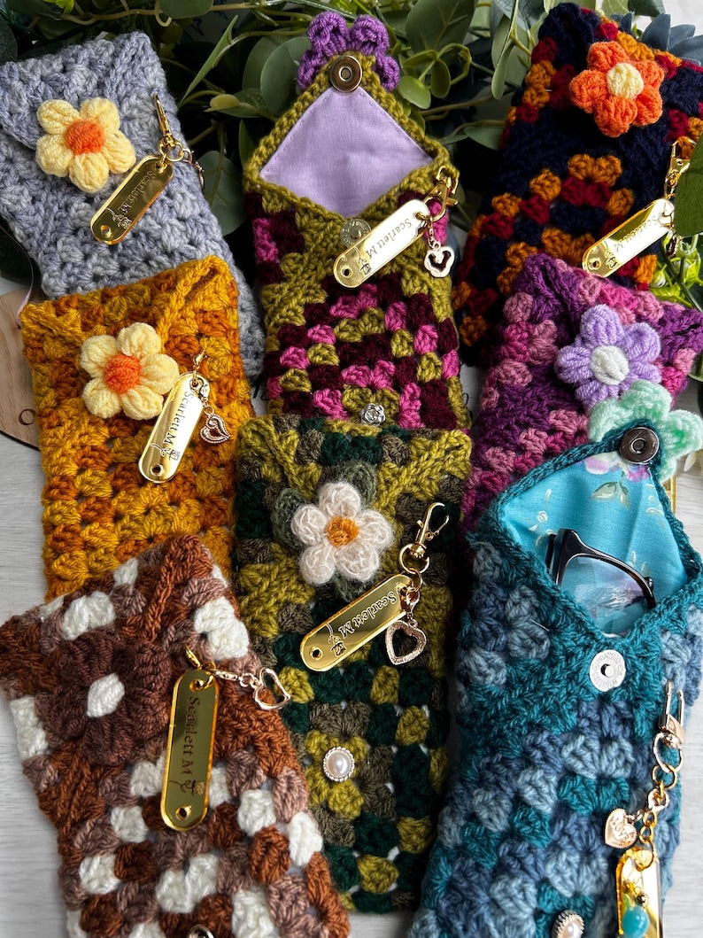 Collection of colourful crochet eyeglass cases