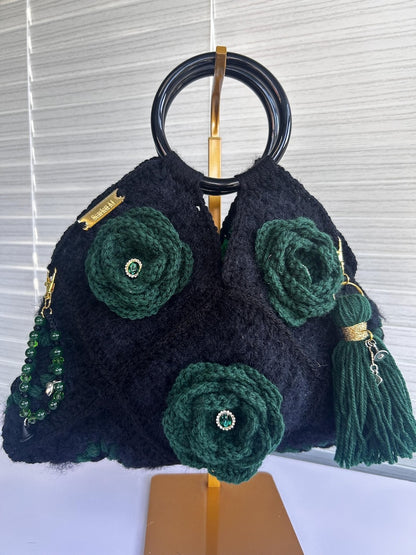 Emerald rose crochet granny-square handbag, front view