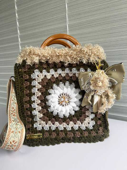 Vintage boho crochet granny square tote in earthy tones