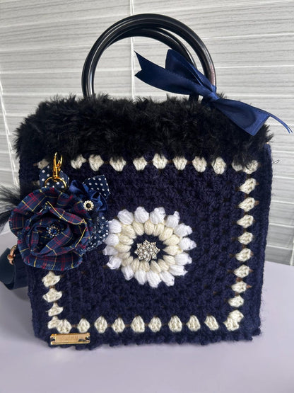 Vintage cream and navy crochet granny square tote bag