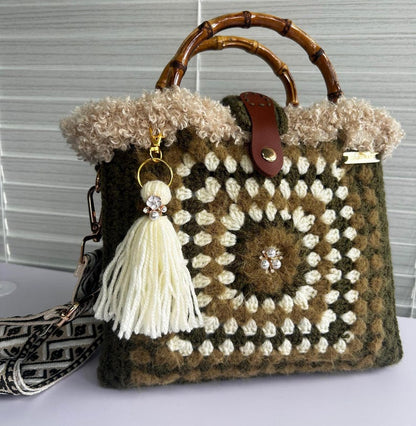 Olive green crochet handbag with bamboo handle