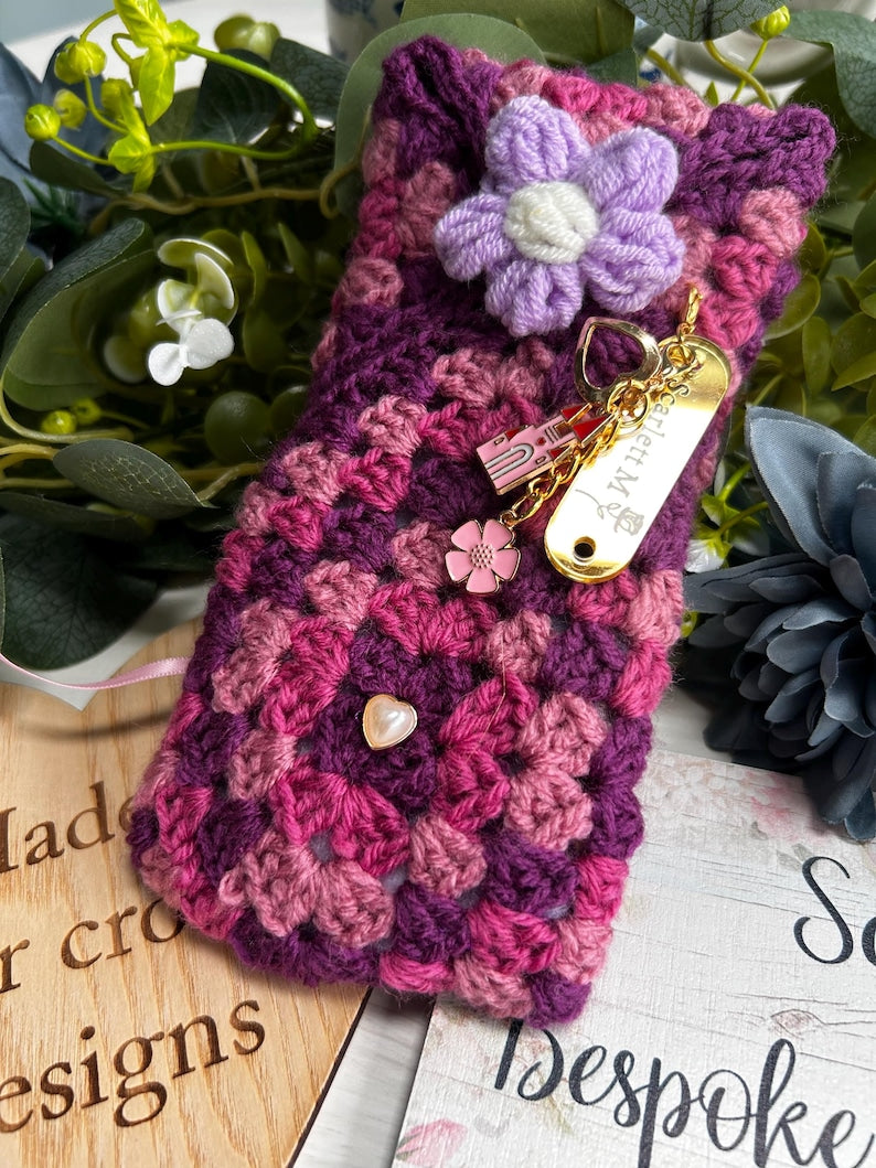 Purple and pink crochet glasses case with charm