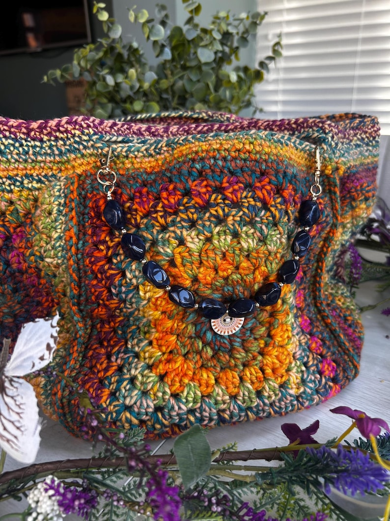 Boho multicolour crochet handbag with beaded strap