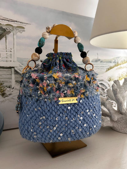 Seabloom blue crochet keepsake bag with beaded handle