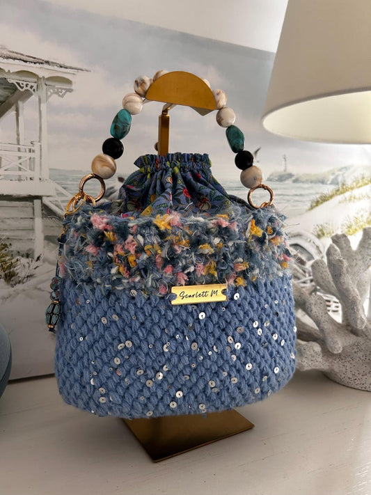 Seabloom blue crochet keepsake bag with beaded handle