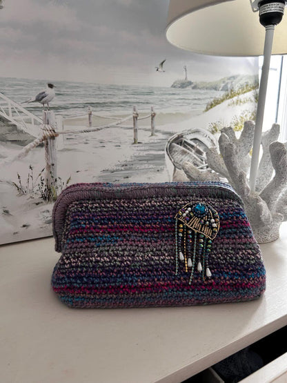 Crochet clutch with turquoise stone and dangling beads