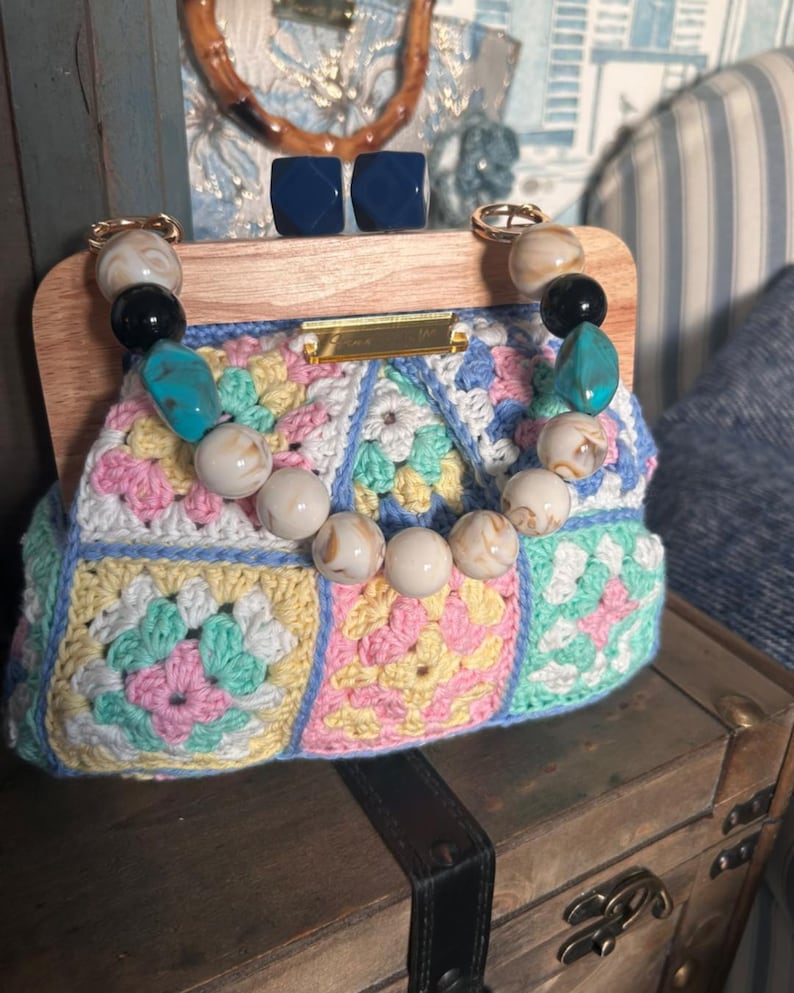 Pastel granny square crochet bag with decorative beads