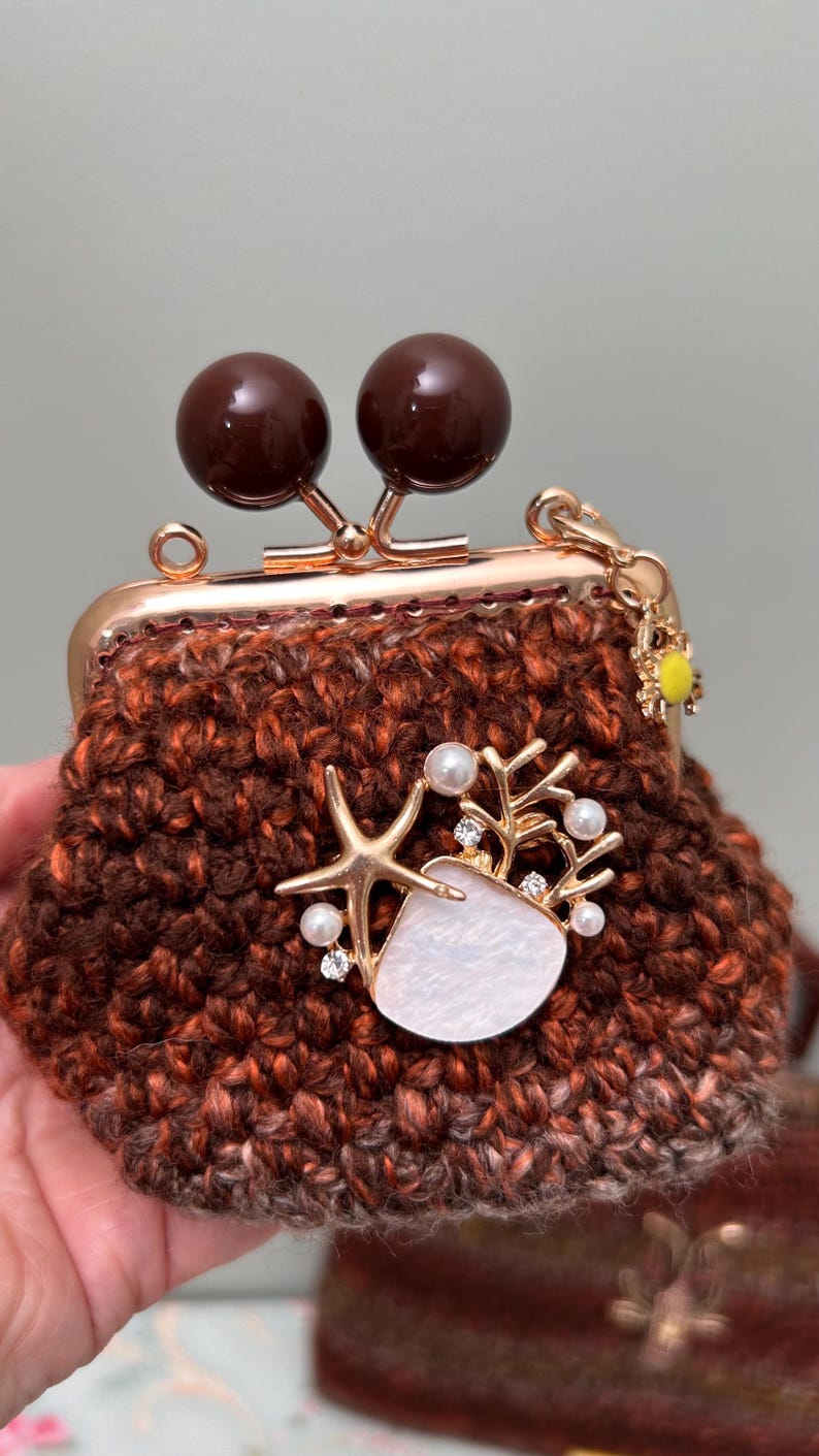 Handmade brown and copper crochet coastal lobster handbag set