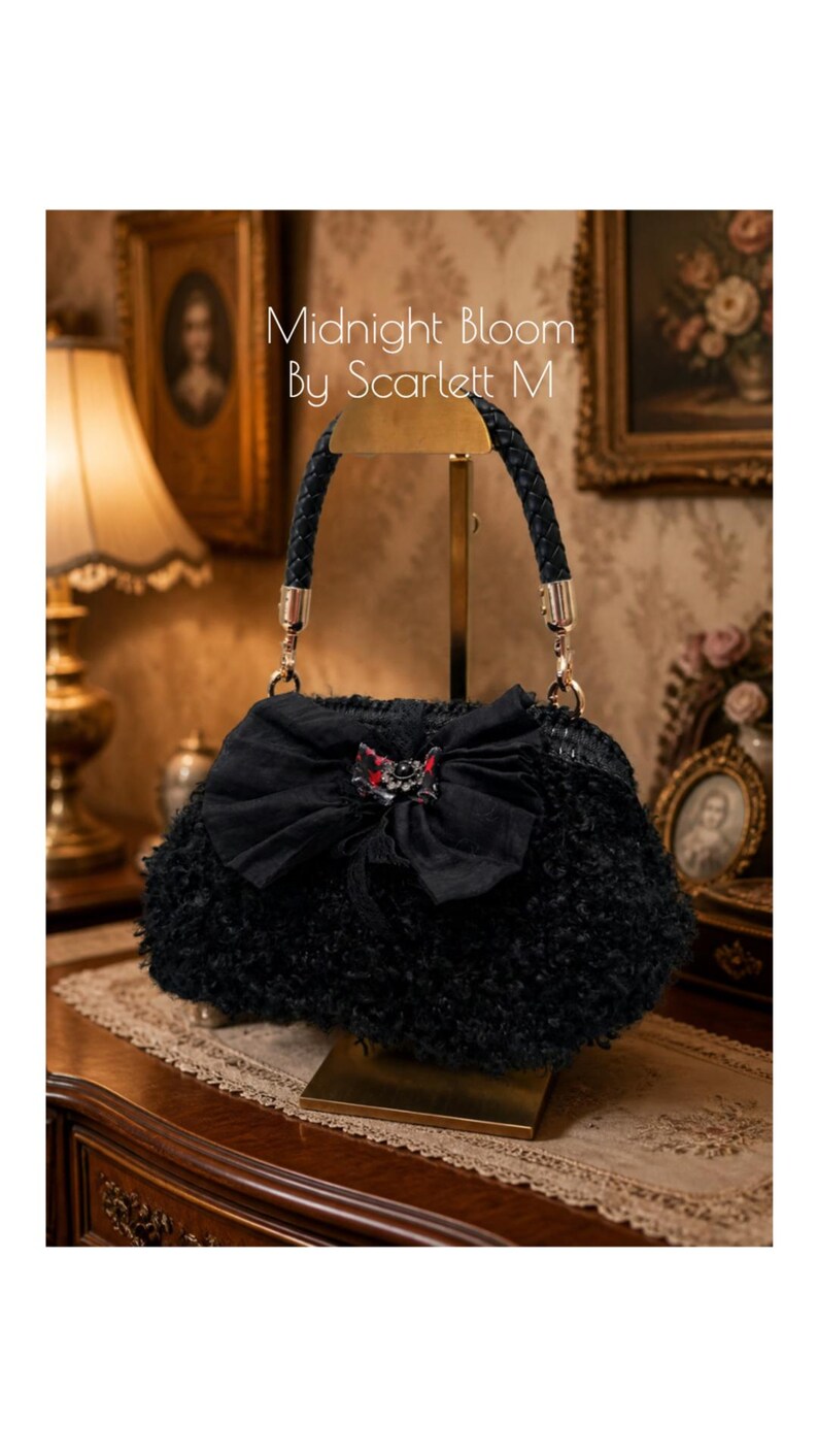 Black Midnight Bloom bow purse with floral accent